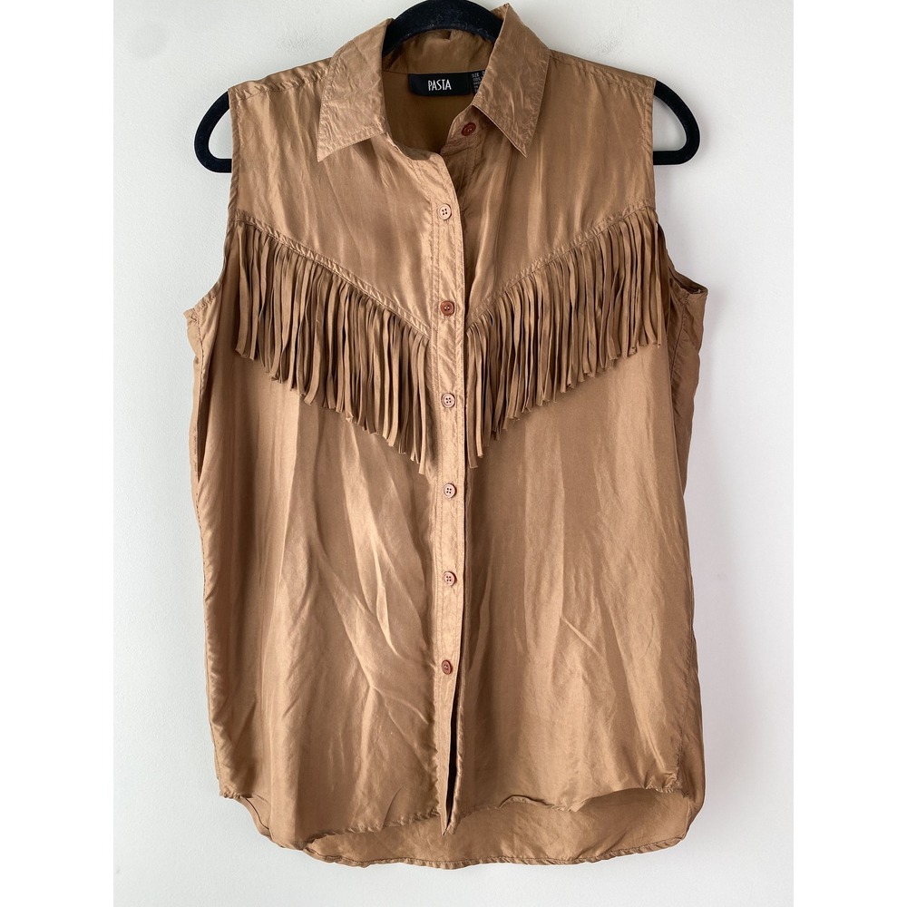 Vintage Pasta Women Sleeveless Silk Fringe Top S Brown Western Button Up Cowgirl